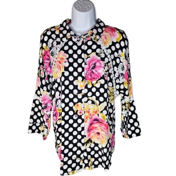 0029 Cirana Polka Dot Floral Lace Button Up Black White Pink Office Size Medium - Picture 2 of 14